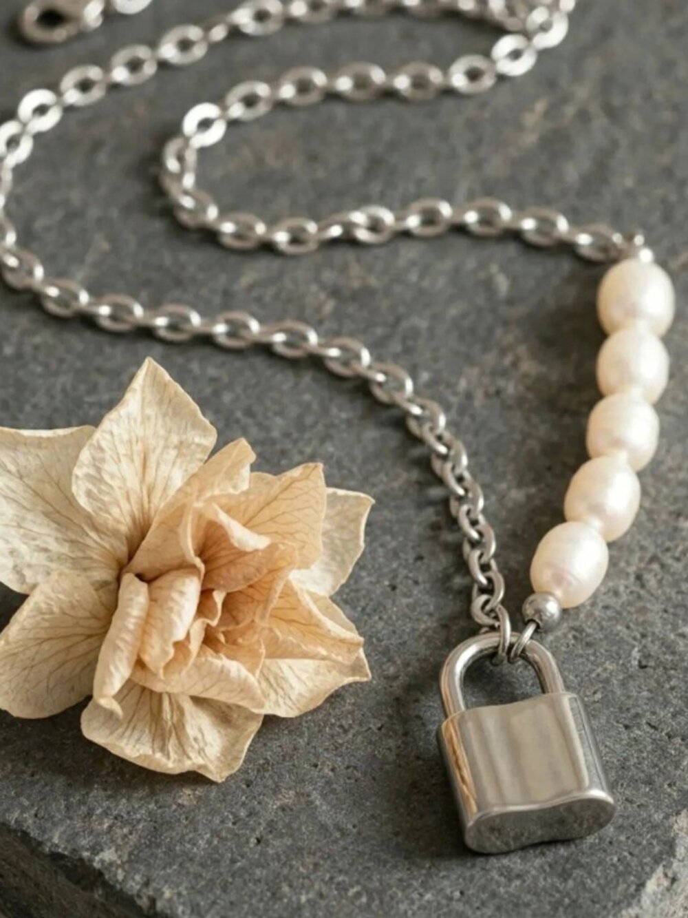 Padlock Pendant Necklace Freshwater Pearl and Chain Modern Stainless Steel 16"